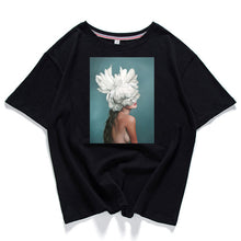 Load image into Gallery viewer, 95% cotton bloom flower feather women t -shirt 2019 summer short sleeve round neck harajuku printing tee Casual fashion Female